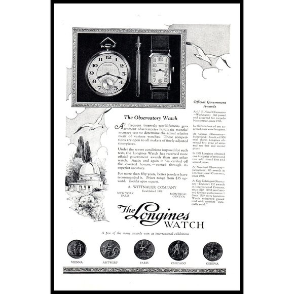 1924 Longines Observatory Watch Vintage Print Ad Wittnauer Pocket Wrist Wall Art - Picture 1 of 1